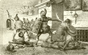 Een Romeinse feestdag. Gevecht van gladiatoren. De overwonnenen smeken de toeschouwers door English School