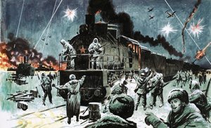 Een Russische trein brengt voorraden naar Leningrad na twee jaar belegering door English School