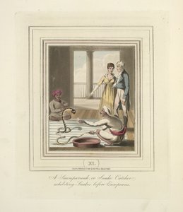 Een Saumpareeah of Slangenvanger die slangen tentoonstelt voor Europeanen, ca. 1824 door English School