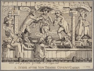 Een scène in het New Theatre, Covent Garden: satire die een politieke bijeenkomst in Covent Garden, Londen afbeeldt door English School