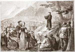 Een Zwitserse hervormer preekt voor zijn kudde in het open veld, illustratie uit De Geschiedenis van het Protestantisme door James Aitken Wylie, 1878 door English School