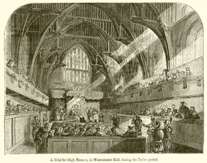 Een proces voor hoogverraad in Westminster Hall, tijdens de Tudor-periode