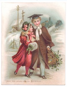 Een Victoriaanse kerstkaart van een jongen met een baret met zijn arm om een meisje terwijl ze door de sneeuw lopen, ca. 1880