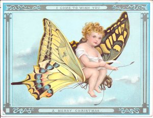 Victoriaanse kerstkaart van een kind vliegend op een vlinder, ca. 1920