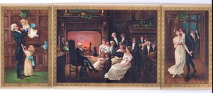 Een Victoriaanse kerstkaart van een vader en zijn kinderen, een vader die een verhaal vertelt aan een familie en een heer die probeert een dame onder de maretak te kussen, c.1880