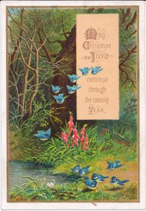 Een Victoriaanse kerstkaart van blauwe vogels in een bosrijke omgeving, ca. 1880