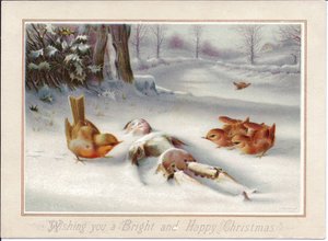 Een Victoriaanse kerstkaart van Robbins die naar een houten pop in de sneeuw kijkt, ca. 1880 (kleurenlitho) door English School