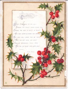 Een Victoriaanse Kerstkaart met een Grote Tak Hulst en een Vers, c.1880 door English School
