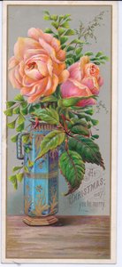 Een Victoriaanse kerstkaart met rozen in een blauwe vaas, ca. 1880 (kleurenlitho)