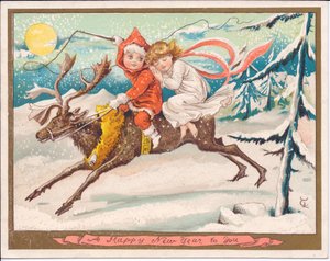 Een Victoriaanse nieuwjaarskaart van een meisje en jongen fee die op een rendier rijden op een maanverlichte sneeuwachtige nacht, ca. 1880
