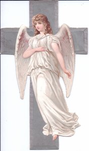 Een Victoriaans papiersnipperreliëf van een engel voor een kruis, ca. 1880 (kleurenlitho)