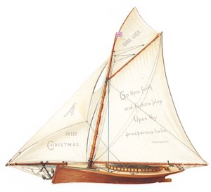 Een Victoriaanse gestanste driedimensionale kerstkaart van een zeilboot, ca. 1880 (kleurenlitho) door English School