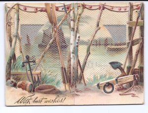 Een Victoriaanse wenskaart van zeilschepen gezien door een gaasscherm, ca. 1880 door English School