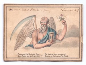 Victoriaanse wenskaart van de magere Hein met een zeis en zandloper die een roos vasthoudt, ca. 1815 (kleur litho) door English School