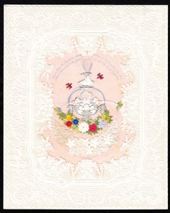 Een Victoriaanse papieren kanten Valentijnskaart van een fontein met bloemen, ca. 1870 (kleurenlitho)