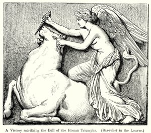 Een overwinning die de stier van de Romeinse triomfen offert. (Bas-Reliëf in het Louvre) (gravure) door English School