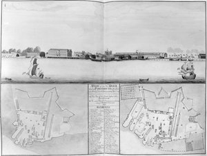 Gezicht op de scheepswerf van Zijne Majesteit in Portsmouth genomen vanaf de overkant van de Nieuwe Dok, 1698 door English School
