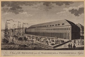 Een uitzicht op de beurs en de pakhuizen in Petersburg in Rusland (gravure) door English School