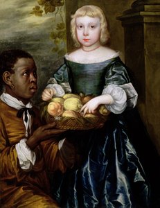 Een jong meisje krijgt een mand met fruit aangeboden door een dienaar, ca. 1650 door English School