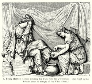 Een jonge getrouwde vrouw die haar gezicht bedekt met flammeum. (Bas-Reliëf in het Louvre ...) (gravure) door English School