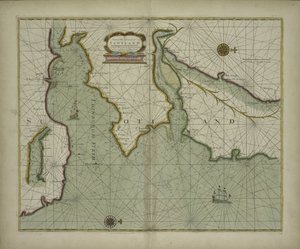Een kaart van de oostkust van Schotland uit een zee-atlas met een hydrografische beschrijving van de meeste zee-kusten van de bekende delen van de wereld door Samuel Thornton, 1707 (handgekleurde print)