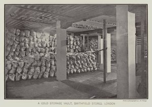 Een gekoelde opslagkluis, Smithfield Stores, Londen (z/w foto) door English School