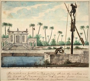 Een koloniale tuin die irrigatie toont, c.1787