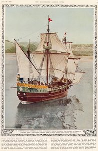 Een herdenkingshulde aan een van de grote zeelieden van Groot-Brittannië: het model van Drakes Golden Hind, het eerste Engelse schip dat de wereld rondzeilde in 1577-80, uit The Illustrated London News Royal Naval and Military Review Number door English School
