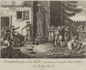 Een schuldige blootgesteld aan publieke verontwaardiging in de schandpaal in Zwitserland door English School