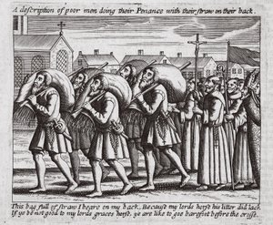 Een beschrijving van arme mannen die hun boetedoening doen met stro op hun rug, illustratie uit Handelingen en Monumenten van John Foxe, negende editie, uitgegeven 1684 door English School