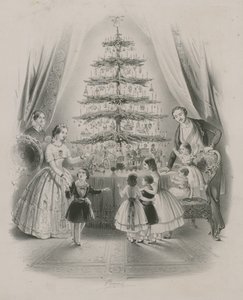 Een familie rond een kerstboom door English School