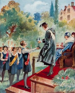 Een overwinning in de vierde klas: een schoolmeisje krijgt een trofee door English School