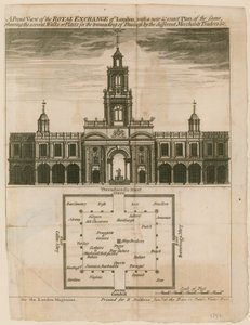 Een vooraanzicht van de Royal Exchange van Londen met een nieuwe en exacte plattegrond van hetzelfde door English School