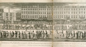Een geometrisch uitzicht op de grote processie van de Scald Miserable Masons, Somerset House, Londen