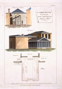 Een kas met gotische details bevestigd aan een neoklassiek huis voor Richard Dickinson Esq in Hendon, Middlesex, 1806
