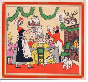 Een met de hand gekleurde Franse Pochoir kerstkaart van een dienstmeid die een kerstpudding serveert, circa 1920 door English School