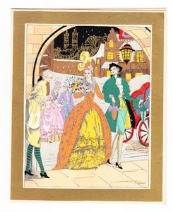 Een met de hand gekleurde Franse Pochoir kerstkaart met een lakei die een paar bezoekers in Regency-kleding begroet, circa 1920 door English School