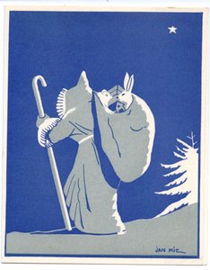 Een handgekleurde Franse Pochoir kerstkaart van de Kerstman in silhoutte, lopend met een stok, een zak dragend met een konijn en een beer erin, circa 1920 (sjabloon)