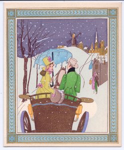 Een Handgekleurde Franse Pochoir Kerstkaart van een Rencecy Koppel in een Open Koets die door de Sneeuw Rijdt, ca. 1920 door English School