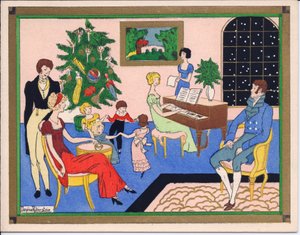 Een met de hand gekleurde Franse Pochoir kerstkaart van een kerstfeest van een Regency-familie, met dans en muzikale entertainment door English School