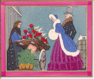 Een handgekleurde Franse Pochoir kerstkaart van een Victoriaanse bloemenverkoopster, die haar kruiwagen met rozen aan voorbijgangers toont, circa 1920 door English School