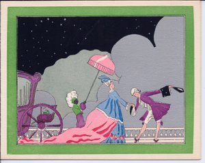 Een met de hand gekleurde Franse Pochoir kerstkaart van een hoveling die buigt voor een grote dame, bijgestaan door haar zwarte dienaar die een paraplu vasthoudt om haar tegen de sneeuw te beschermen, circa 1920 door English School