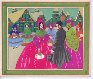 Een met de hand gekleurde Franse Pochoir kerstkaart van een groep dames in crinolines en hoeden die praten met een heer met een hoge hoed, circa 1920 door English School