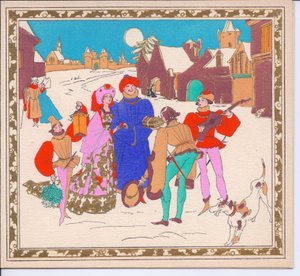 Een met de hand gekleurde Franse Pochoir kerstkaart van een paar Elizabethaanse straatmuzikanten die een heer en dame vermaken, terwijl hun page een lantaarn vasthoudt, circa 1920 door English School
