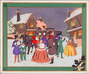 Een met de hand gekleurde Franse Pochoir kerstkaart van een dorpsscène met een koets en paarden, circa 1920