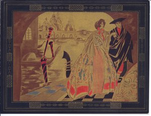 Een met de hand gekleurde Franse Pochoir-wenskaart van een Venetiaans tafereel, circa 1920 door English School