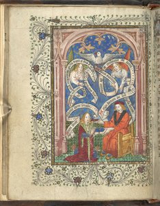 Een knielende leerling, mogelijk de auteur voorstellend, Norton, die een boek ontvangt van zijn meester, met engelen, geschreven rollen en een duif erboven. Ordinaal van Alchemie. Thomas Norton 4e kwart van de 15e eeuw door English School