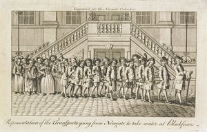 Een rij geketende veroordeelden uit Newgate Prison, Old Bailey, die naar Blackfriars worden gebracht voor transport, c.1760