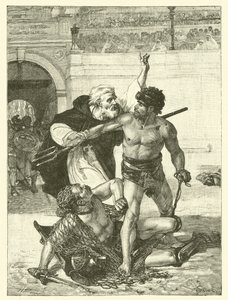 Een monnik, Telemachus, probeert de gladiatorenspelen in het Colosseum, Rome te stoppen (gravure) door English School