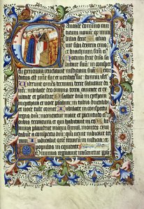 Een pagina uit een psalter in het Latijn, met een gehistorieerde initiaal die een groep monniken voor een lessenaar toont, zingend, c.1455 door English School